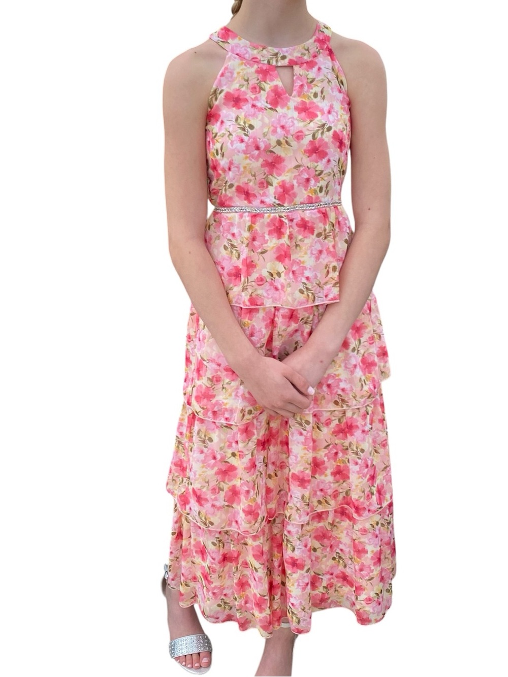 Speechless Formal Maxi Dress Pink Floral Tiered Halter Sleeveless Top Size 12